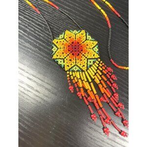 Handcrafted Beaded Sunburst Necklace With Fringe Design In Red Yellow & Black Co